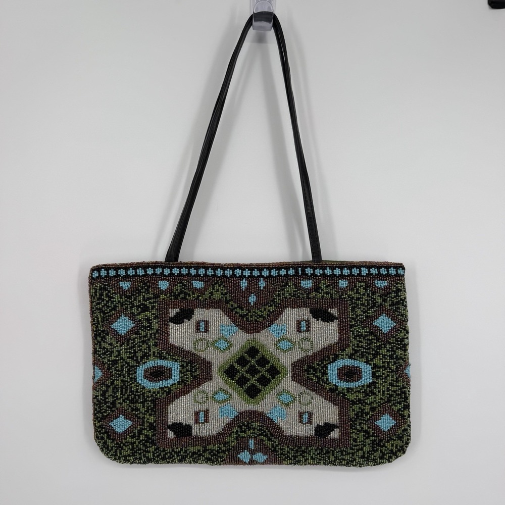 Vintage Beaded Handbag Purse Green Multicolor Floral Geometric Lined 14"